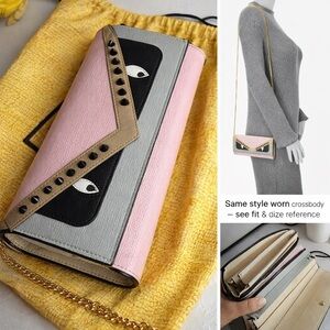 Fendi Vitello Elite Monster Eyes Studded Wallet on Chain Crossbody Pink